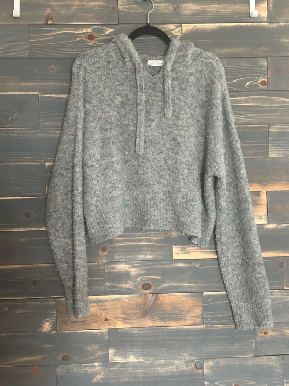 All in Favor Gray Cropped Fuzzy Hoodie Sweater Wool blend